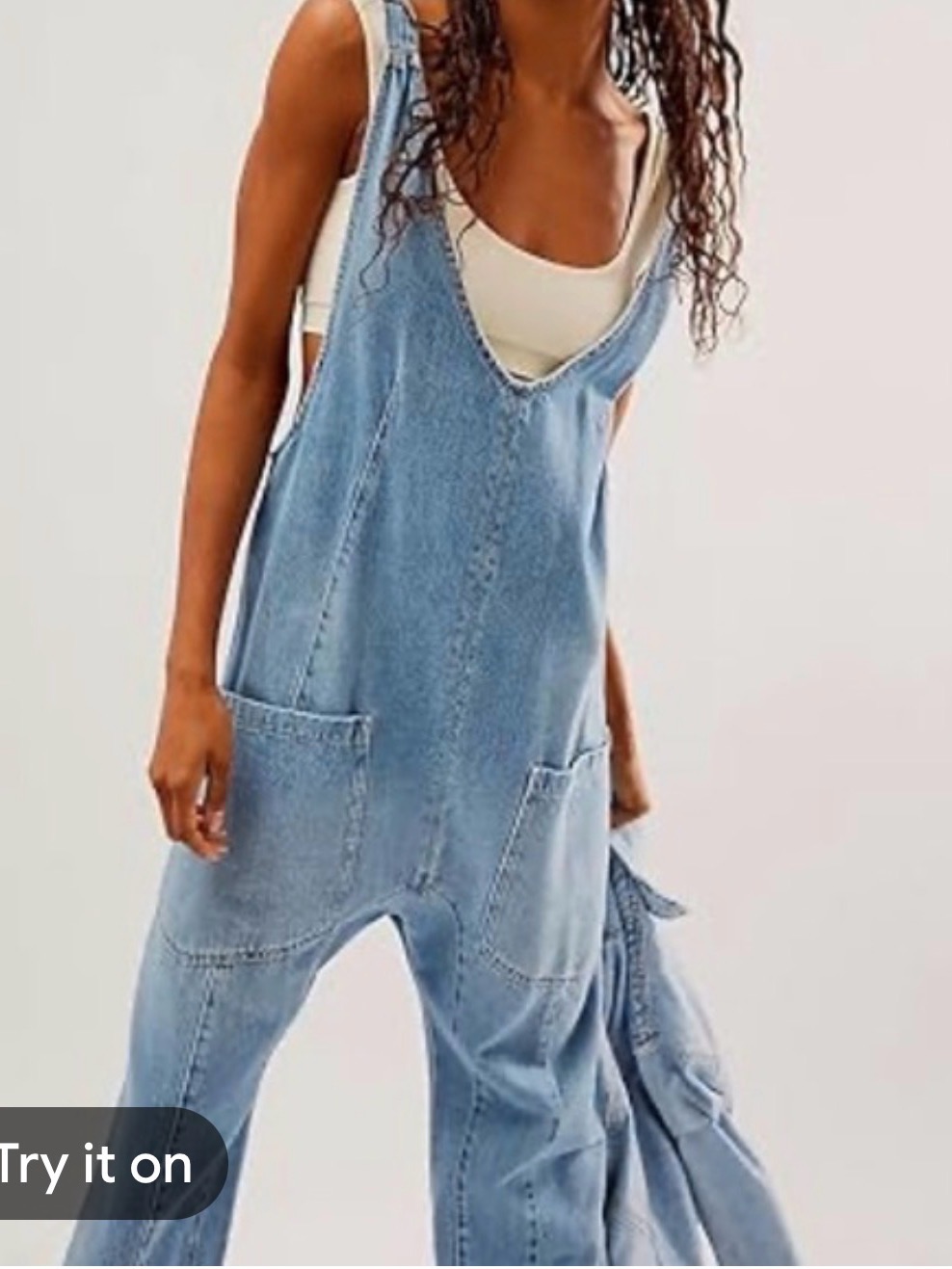 We The Free Light Wash Denim Scoop-Neck Overalls